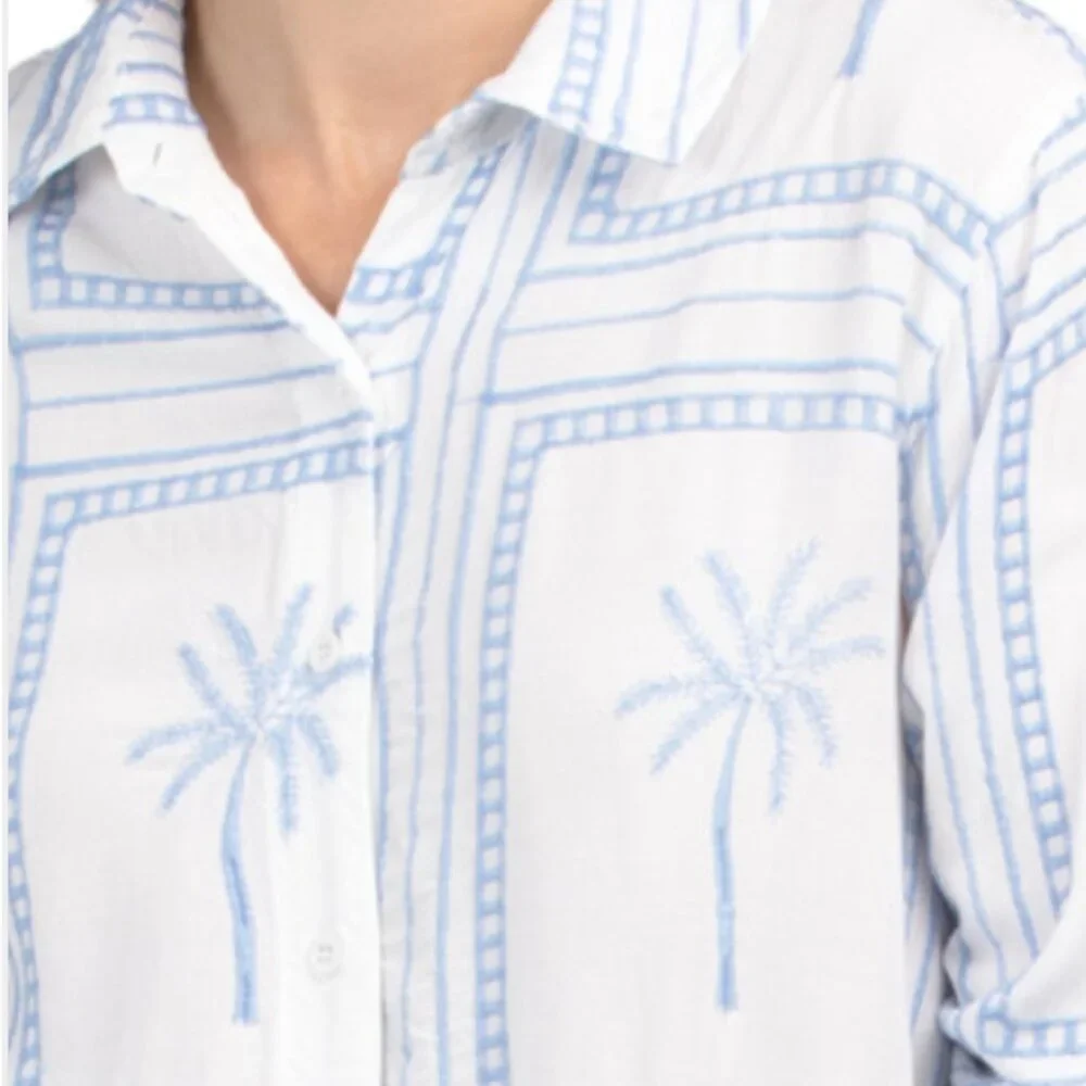 NWT GOA by Japna Blue & White Embroidered Cover-Up Shirt Dress